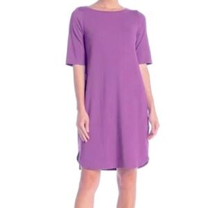 Eileen Fisher Purple Elbow Sleeve Scoop Neck Jersey Dress SZ XS